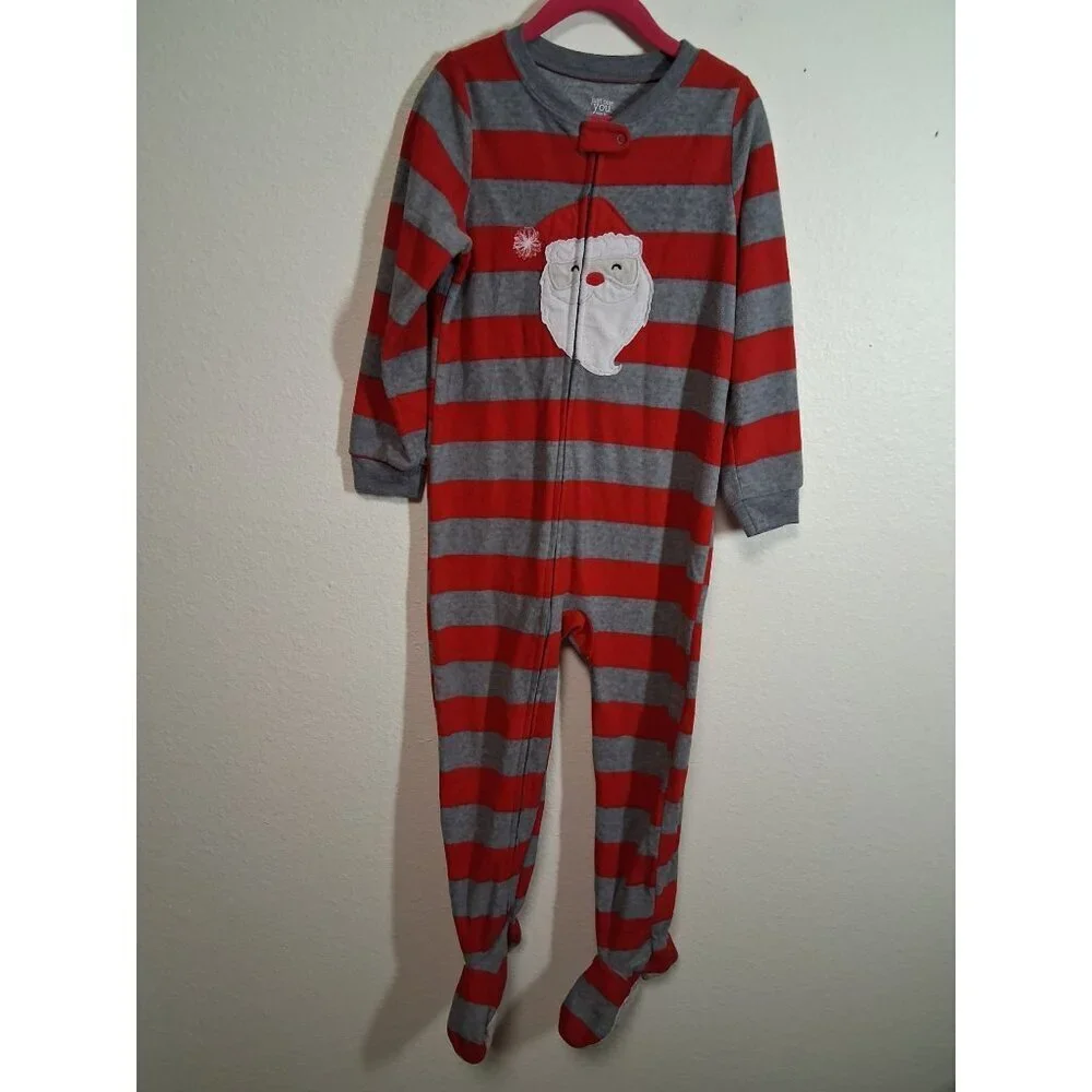 Carters Fleece Pajamas Footie Christmas Santa Striped Sleepwear Unisex Red Sz 5T